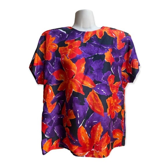 Vtg Schroder 100% Silk Floral Blouse Top Red Purple Orange Black Sz 10 Boho 80s - Picture 2 of 7